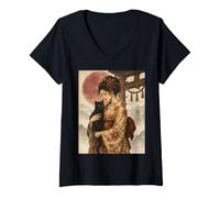 Women's Traditional Geisha with Black Cat and Torii Gate Vintage Art V-Neck T-Shirt