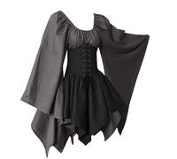 Womens Traditional Irish Dress Renaissance Medieval Costume Flare Sleeve Corset Halloween Victorian Short Dress Grey