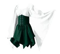 Womens Traditional Irish Dress Renaissance Medieval Costume Flare Sleeve Vintage Elegant Lace up Halloween Gown Princess Dress with Corset Retro Steampunk Rockabilly Goth 80s Dresses Ladies