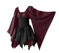 Womens Traditional Irish Dress Renaissance Medieval Costume Gothic Lace-Up Corset Dresses Flare Sleeve Victorian Midi Medieval Dresses Steampunk Halloween Cosplay Costumes Wine 4XL