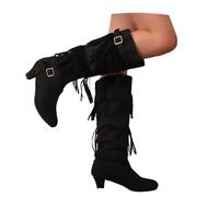 Women's Traditional Long Boots With Fringes Vintage Wide Tube Slip-on Booties With Buckle Waterproof Suede Riding Boots Large Size High Heels(Black,4 UK)