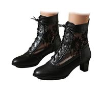 Women's Traditional Oktoberfest Shoes Bavarian German Dirndl Dance Shoe Short Boots Block Mid Heel Party Footwear with Semi-Transparent Lace Mesh Black