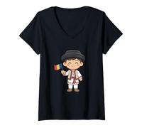 Women's Traditional Romanian Peasant Boy Flag for Kids Design V-Neck T-Shirt