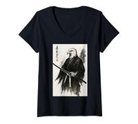 Women's Traditional Sumi-e Aesthetic Japanese Ink Bird Bald Eagle V-Neck T-Shirt
