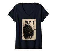 Women's Traditional Sumi-e Aesthetic Japanese Ink Samurai Badger V-Neck T-Shirt