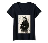 Women's Traditional Sumi-e Art Martial Arts Samurai Japan Gray Wolf V-Neck T-Shirt