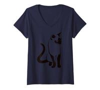 Womens Traditional Thai Cat Minimalist Black Outline Art V-Neck T-Shirt