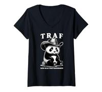 Women's TRAF Now Read It Backwards Meme Brainrot Fart Cowboy Panda V-Neck T-Shirt
