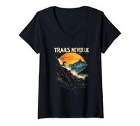 Women's Trails Never Lie Mountain Biker Sunset Scene V-Neck T-Shirt