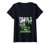 Women's Trails Over Crowds Calm Outdoors Nature Therapy Hiking Hiker V-Neck T-Shirt
