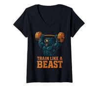 Womens Train Like A Beast Bear Lifting Weights V-Neck T-Shirt