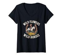 Womens Trainer Cowgirl Flowers Wild Horses Equestrian Team Pony Mom V-Neck T-Shirt