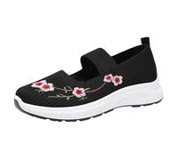 Womens Trainers, Breathable Mesh Orthopedic Shoes Flower Embroidered Knitting Flat Loafers Slip On Wedge Shoes Casual Wide Fit Walking Sneakers Comfortable Non Slip Soft Sole Running Trainer Black