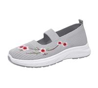 Womens Trainers, Breathable Mesh Orthopedic Shoes Flower Embroidered Knitting Flat Loafers Slip On Wedge Shoes Casual Wide Fit Walking Sneakers Comfortable Non Slip Soft Sole Running Trainer Grey