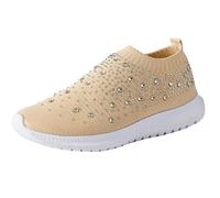 Womens Trainers Breathable Mesh Sneakers Summer Slip on Flat Loafers Women Sparkly Sequin Orthopedic Walking Shoes Wide Fit Knit Loafers for Ladies Casual Work Running Shoes (Khaki, 7)