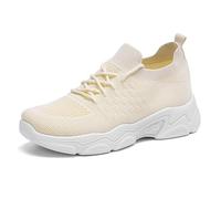 Womens Trainers Gym Running Shoes Lightweight Walking Sneakers Ladies Breathable Mesh Sport and Outdoor Tennis Jogging Shoes Air Cushion Slip On Comfortable Casual Trainers Beige