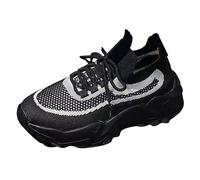 Womens Trainers Lace Up Chunky Sole Walking Shoes With Arch Support Breathable Mesh Leather Patch Orthopedic Sneakers Non-Slip Athletic Road Running Trainers Casual Wedge Sneakers Outdoor Fitness
