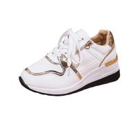 Women's Trainers - Leather Lace Up Sneakers, Side Zip, Closed Round Toe, Low Upper, Shiny Contrast Inserts, Thick Platform Sole for City, Daily and Casual Shoes, 01 White, 7 UK