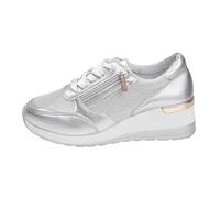 Women's Trainers - Leather Lace Up Sneakers, Side Zip, Closed Round Toe, Low Upper, Shiny Details, Thick Wedge Sole, Raised Heel for City, Daily and Casual Shoes, 01 Silver, 6 UK