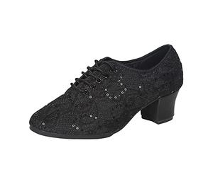 Womens Trainers Leisure Women's Sequin Soft Sole Solid Color Non Slip Square Heels Lace Up Round Toe Breathable Dancing Shoes Black