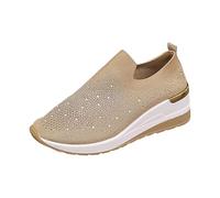 Women's Trainers with Wedge Heel High Heels Wedge Walking Shoes Water Drill Leisure Shoes Slip On Lightweight Wide Trainers Mesh Breathable Comfortable Sports Shoes Comfort Running Shoes, beige, 9 UK