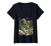 Women's Tranquil Mountain Landscape with Scenic River Escape V-Neck T-Shirt