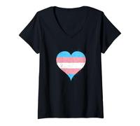 Womens Trans Pride Flag in Cool Vintage Heart A LGBTQ Pride Month V-Neck T-Shirt