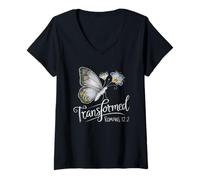 Women's Transformed Romans 12-2 Butterfly Christian Bible Verse V-Neck T-Shirt