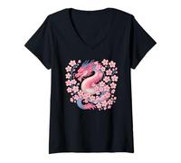 Womens Transgender Japanese Dragon Trans Pride Flag Colors Floral V-Neck T-Shirt