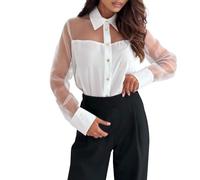 Women's Transparent Blouse - Sheer Shirt Elegant Long Sleeve Button Down Mesh Top Loose Chiffon Blouse Oversized Shirt Blouse Buttons Blouses Casual V-Neck Tops White Festive Shirts, White, XL