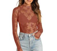 Women's Transparent Long Sleeve Top, Sexy Top, Chic And Elegant Casual Floral T-Shirts Slim Fit Solid Color Tunic Retro Versatile Y2K Blouse Lace Valentine's Day Club Shirt, brick red, M