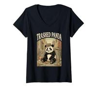 Women's Trashed Panda Funny Panda Dumpster Animal Meme Chaos Humor V-Neck T-Shirt
