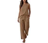 Womens Travel Outfits Two Piece Women's 2 Piece Co Ord Sets Linen Sleeveless Blouses Wide Leg Trousers Airport Travel Outfits Trouser Suits for Older Ladies Loose Fit Lounge Wear Set Holiday Clothes