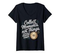 Womens Traveler Collect Moments Not Things Passport Stamps World V-Neck T-Shirt