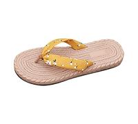 Women's traw Flat raided Flipflops for Bohemia Flower Print T Strap Linen Herringbone Footwear Open Toe Beach Lightweight Summer Comfort Nonslip Slip-on Thong Sandals for Vacation (Yellow, 4)