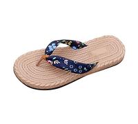 Women's traw Flat raided Flipflops for Bohemia Flower Print T Strap Linen Herringbone Footwear Open Toe Beach Lightweight Summer Comfort Nonslip Slip-on Thong Sandals for Vacation (Blue, 4.5)