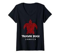 Women's Treasure Beach Jamaica Tribal Sea Turtle Island Design V-Neck T-Shirt