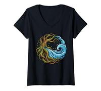 Women's Tree of Life Roots Ocean Wave Aquatic Nature Zen V-Neck T-Shirt