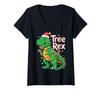 Women's Tree REX Christmas Costume T-Rex Dinosaur Xmas Light Family V-Neck T-Shirt