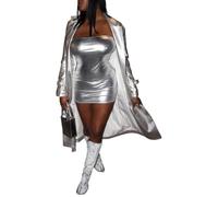 Women's Trench Coats Lapels Open Front Belted Silver Metallic Jacket Sparky Outerwear (Silver,S)