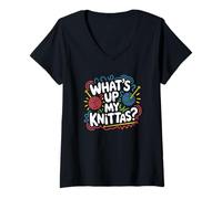 Womens Trending Knitting Pun What's Up My Knittas V-Neck T-Shirt