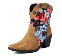 Women's Trendy Ankle Boots Chunky Heel PU Leather Color Block Floral Studs Short Boots Daily Street Casual Evening Party,Yellow,13 UK