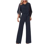 Womens Trendy Cowl Neck Jumpsuits UK Ladies Casual Pants 3/4 Sleeve Wide Straight Leg Trousers High Waist Tie Up Peplum Rompers Solid Color Workout Elegant Loose Fit Overalls