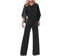 Womens Trendy Cowl Neck Jumpsuits UK Ladies Casual Pants 3/4 Sleeve Wide Straight Leg Trousers High Waist Tie Up Peplum Rompers Solid Color Workout Elegant Loose Fit Overalls