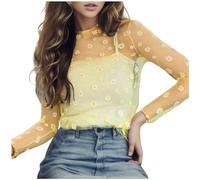 Women's Trendy Loose Fit T Shirts 2025 Mock Neck Casual Tops Summer Daisy Floral Embroidered Cute Mesh Overlay Graphic Tshirt Going Out Sheer Tees Shirts Lace Tee Shirts Long Sleeve Yellow
