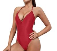 Women's Triangle Bikini Deep V Neck High Cut Open Back Adjustable Beach Swimwear Swimsuit Red Baywatch, RD2, S