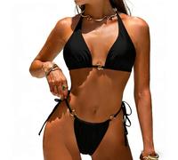 Womens Triangle Bikini Set Sexy Halterneck Tie Side Swimsuit Two Piece String Bathing Suit Brazilian Thong Bikini Swimwear Black