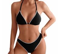 Women's Triangle Bikini Sets Scalloped Serrated Edge High Waist Halter Neck Bikini Set Two Piece Sports Swimwear(Black,XL)