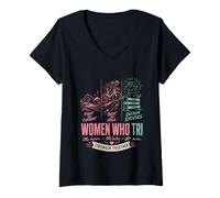 Women's Triathlon Women WHO TRI Triathletics Funny Triathlete V-Neck T-Shirt