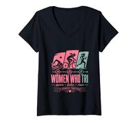 Women's Triathlon Women WHO TRI Triathletics Funny Triathlete V-Neck T-Shirt